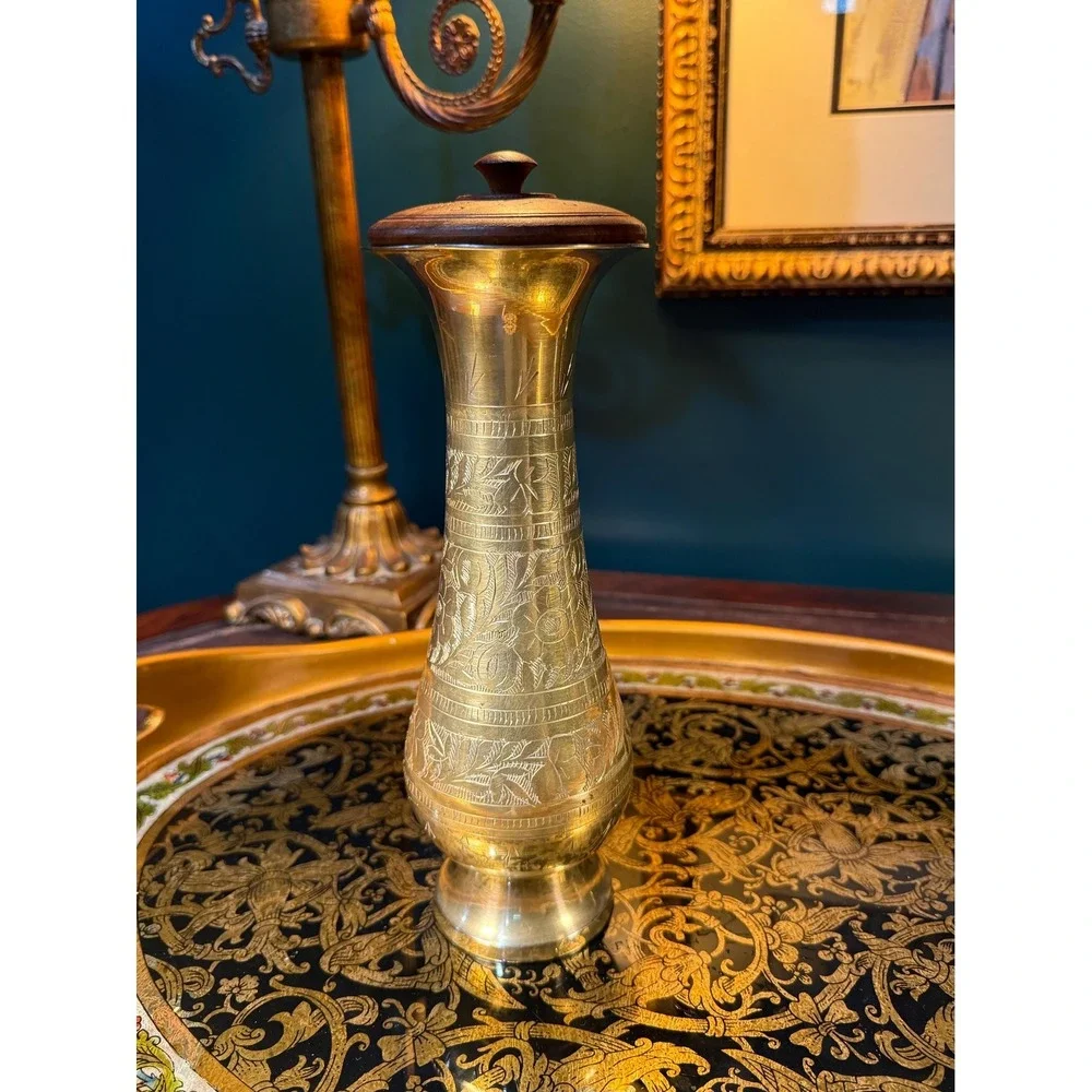 Etched‎ Brass Vase with Hand-Carved Wood Lid - Mid-Century Decor